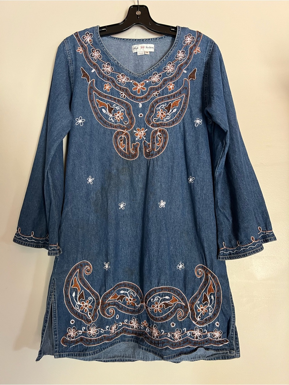 BB Fashion Blue Denim Embroidered Paisley Boho Bell Sleeve Tunic Dress Medium